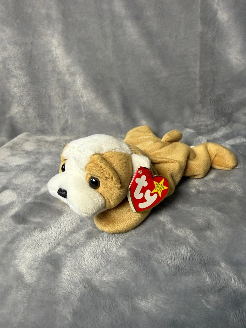 Ty Tan and White Plush Puppy with Heart Tag